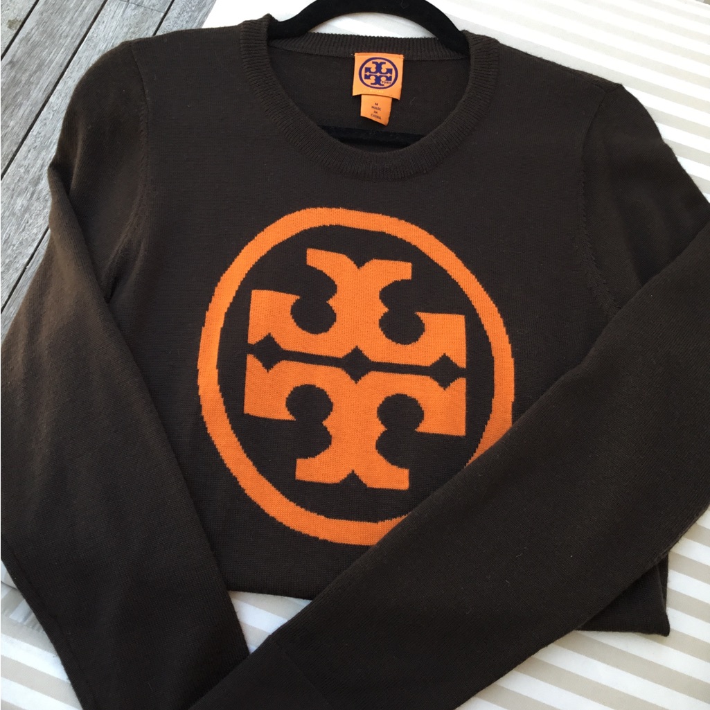 Tory Burch Brown Logo Wool Crew Neck Sweater. Size M.